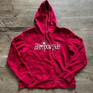 Y2K Aeropostale Women's Red Graphic Pullover Hoodie Sweatshirt Flower Logo Large